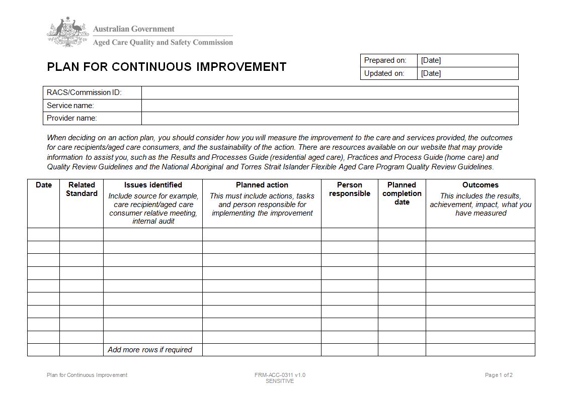 Continuous Improvement Plan Template Aged Care Printable Templates