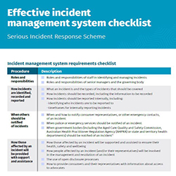 Document with teal header and and the test Effective incident management system checklist  and checklist items in table