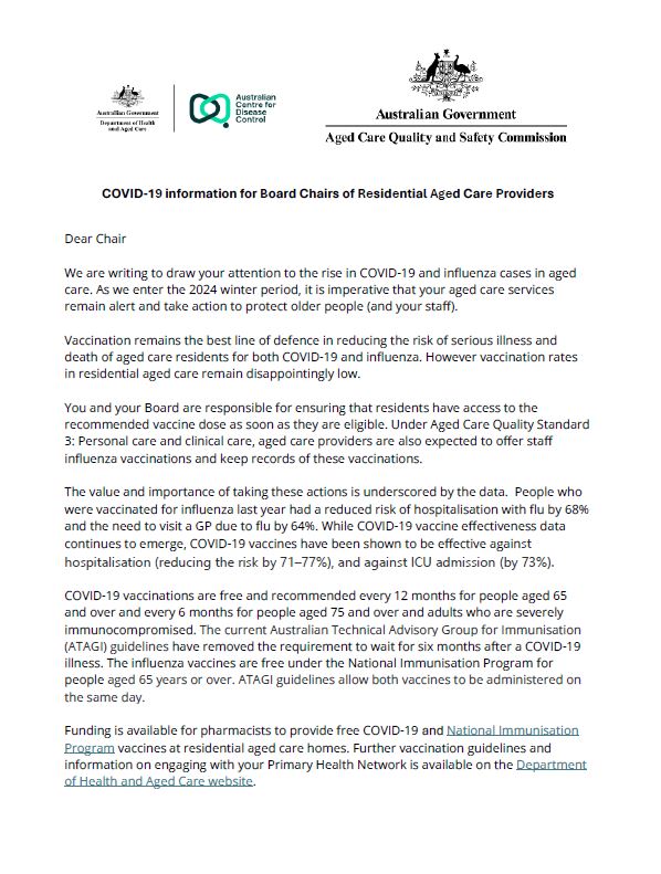 Joint letter on Winter outbreaks to Board Chairs, Residential Aged Care Providers from the Chief Medical Officer and Aged Care Quality and Safety Commissioner