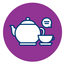 Standard 4 Icon: Teapot and tea cup on saucer with a text bubble in the top right corner